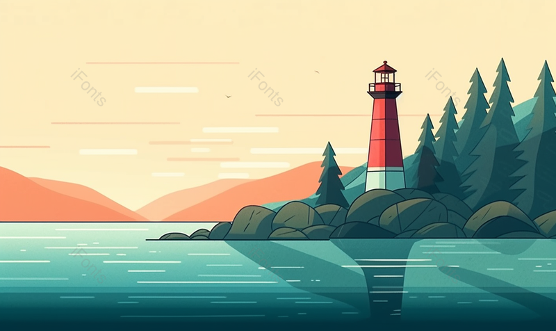 傍晚夕阳海边的灯塔,插画/手绘图,插画/手绘图库,插画/手绘图下载,插画/手绘